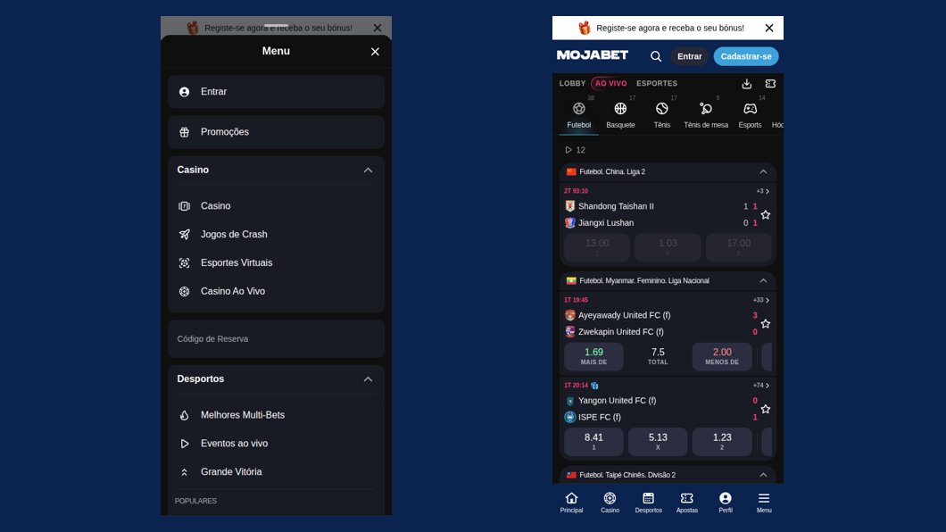 Menu da Mojabet no telemóvel e apostas ao vivo