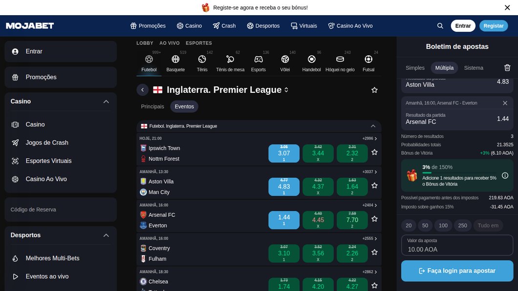 Boletim da Mojabet com três jogos da Premier League e o Bónus de Vitória