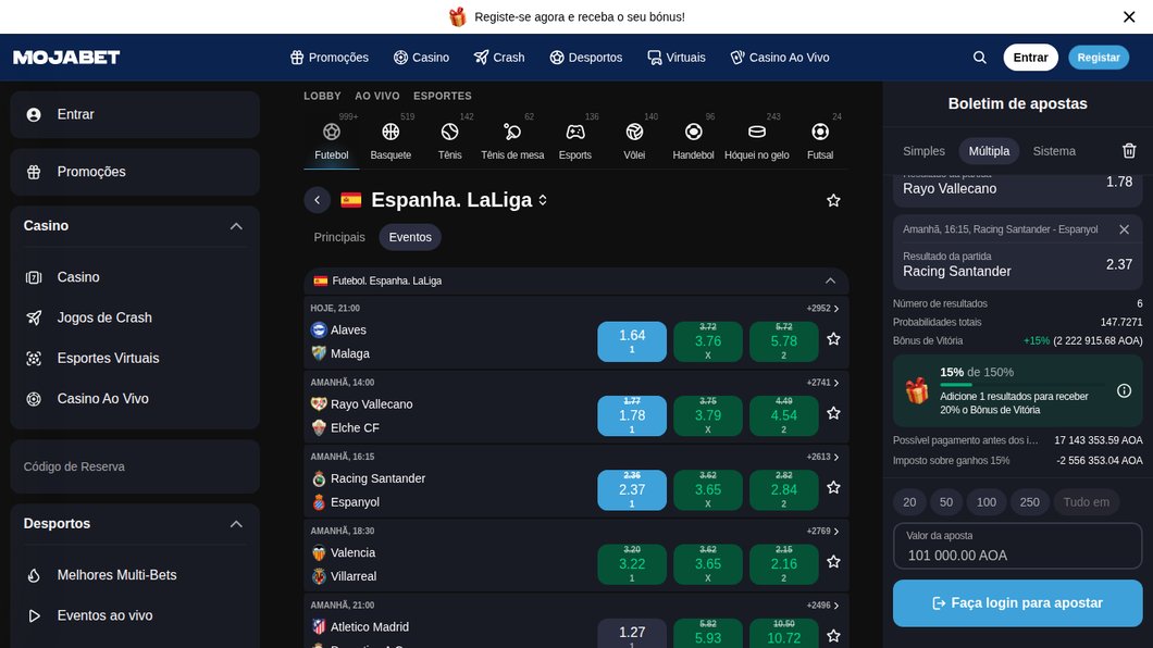 Boletim da Mojabet com seis jogos e Bónus de Vitória de 15%