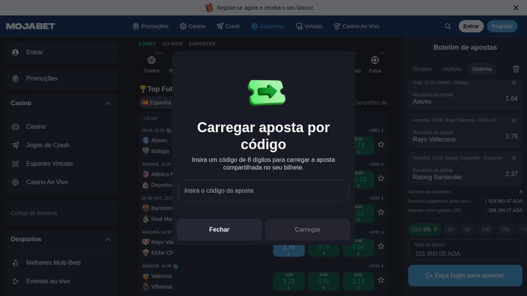 Janela Carregar aposta por código da Mojabet