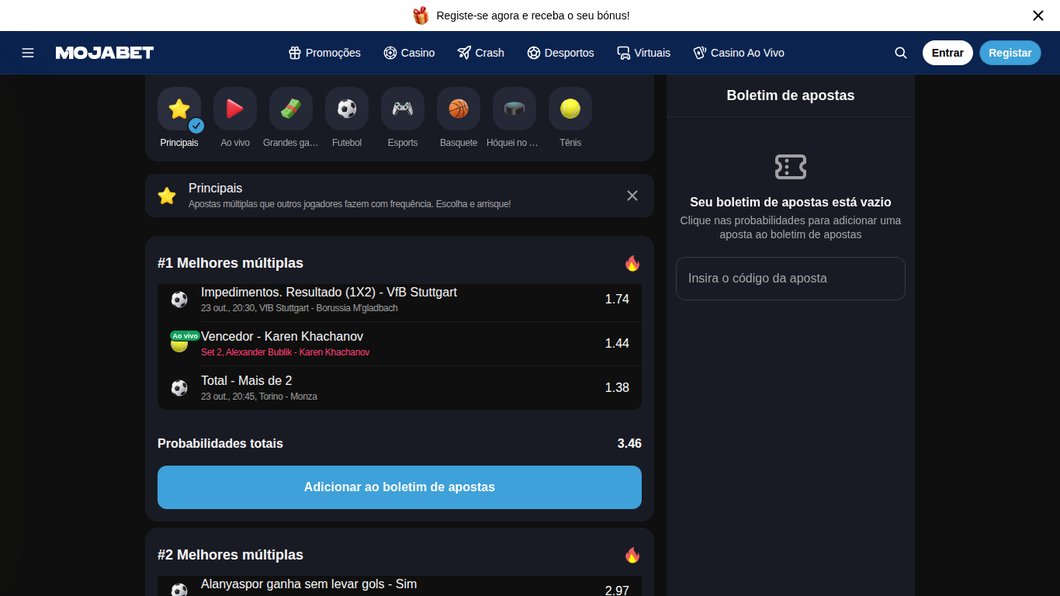 Melhores múltiplas da Mojabet, fichas prontas com o botão Adicionar ao boletim