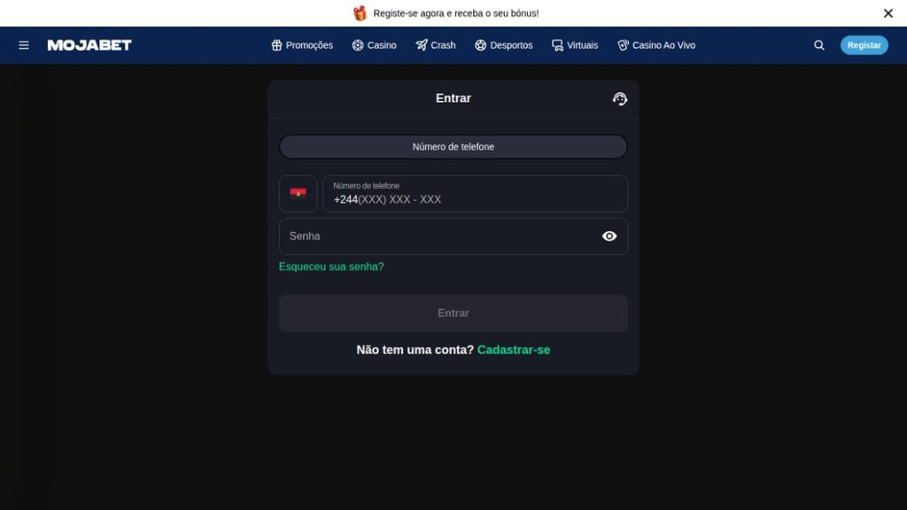 Janela Entrar da Mojabet no computador, com número de telefone e senha