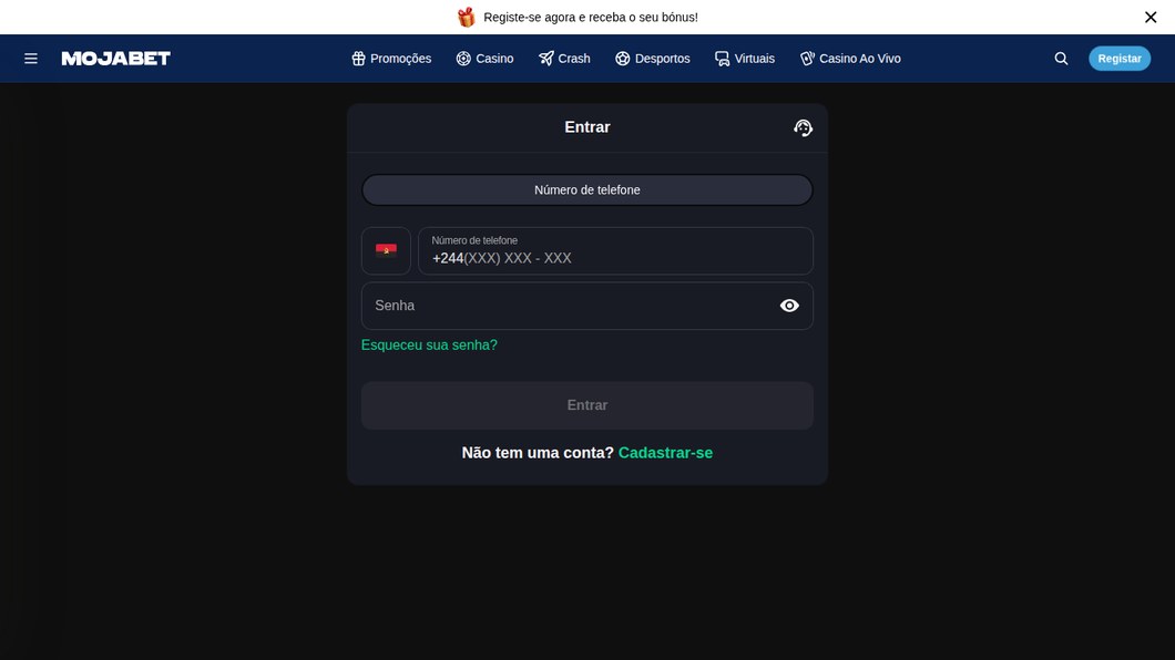 Janela Entrar da Mojabet no computador, com número de telefone e senha