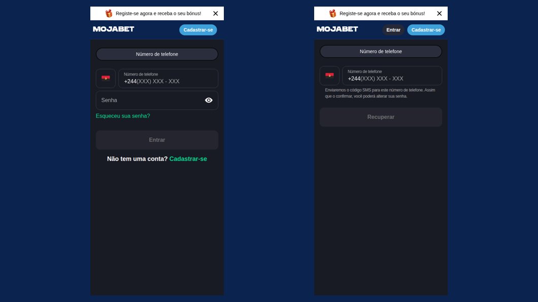 Entrar e recuperar a senha da Mojabet no telemóvel