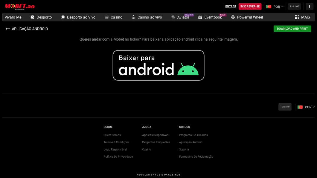 Página de download da app Android da MoBet