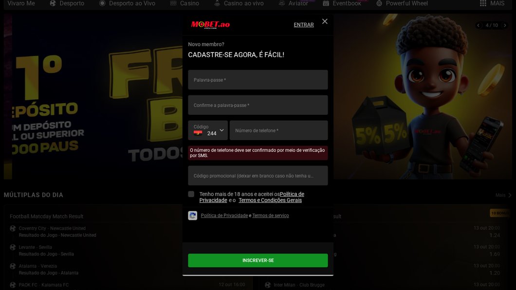 Formulário de registo da MoBet com confirmação do telefone por SMS