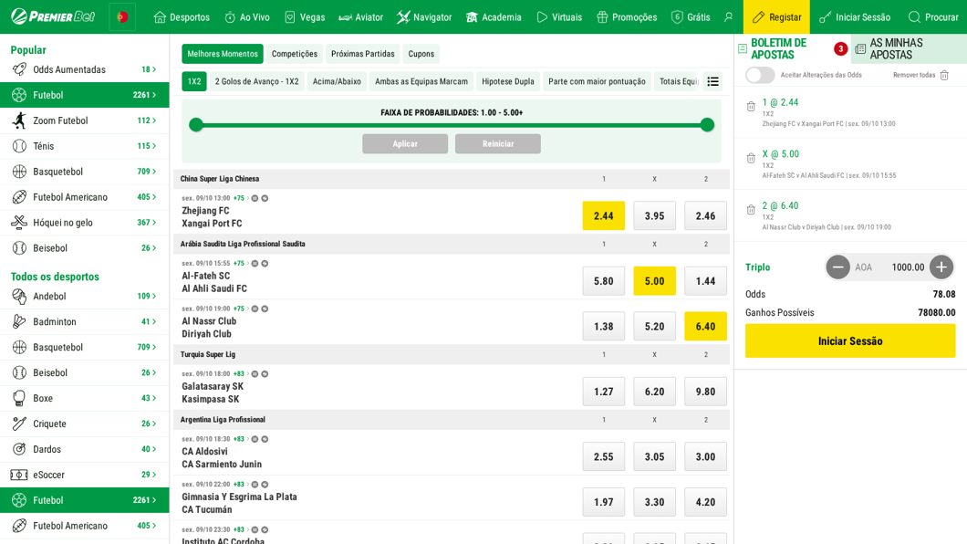 Boletim da Premier Bet com uma aposta tripla