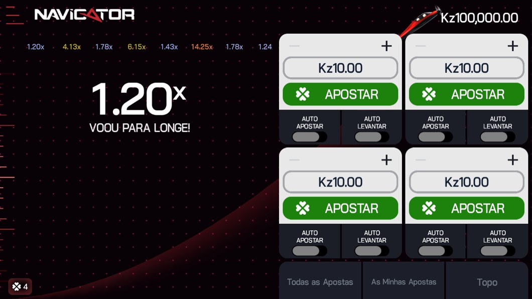 Navigator em modo de demonstração com quatro painéis de aposta em kwanzas