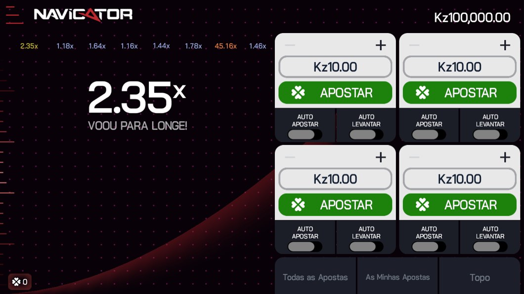 Ronda do Navigator terminada a 2,35x com a mensagem Voou para longe