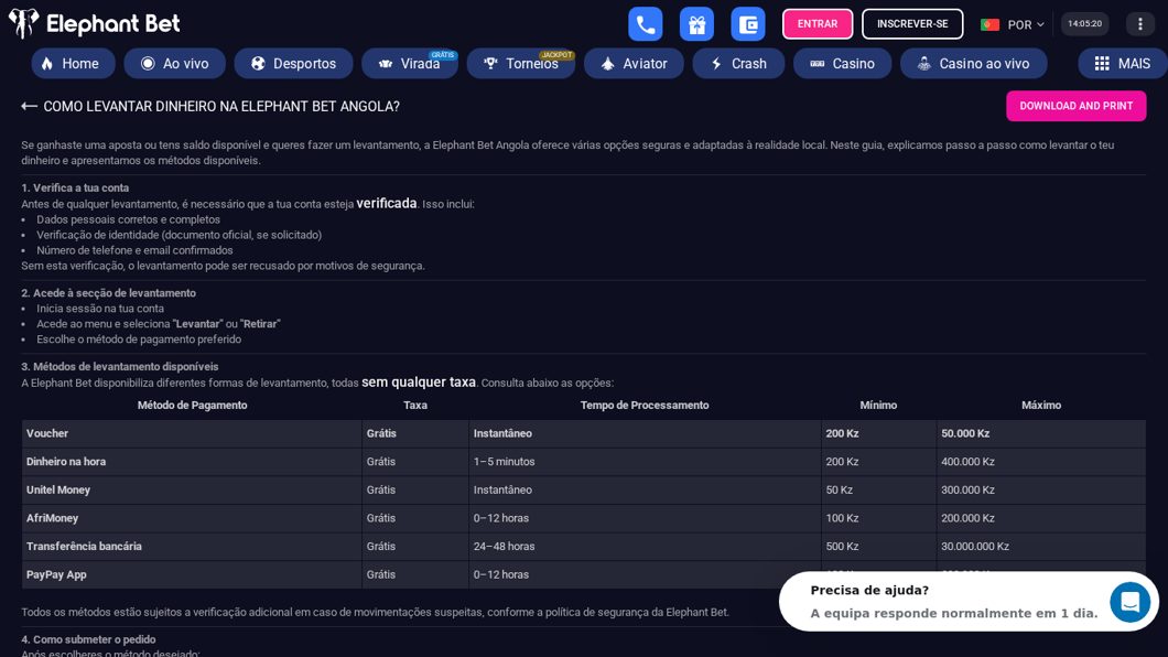 Métodos de levantamento da Elephant Bet