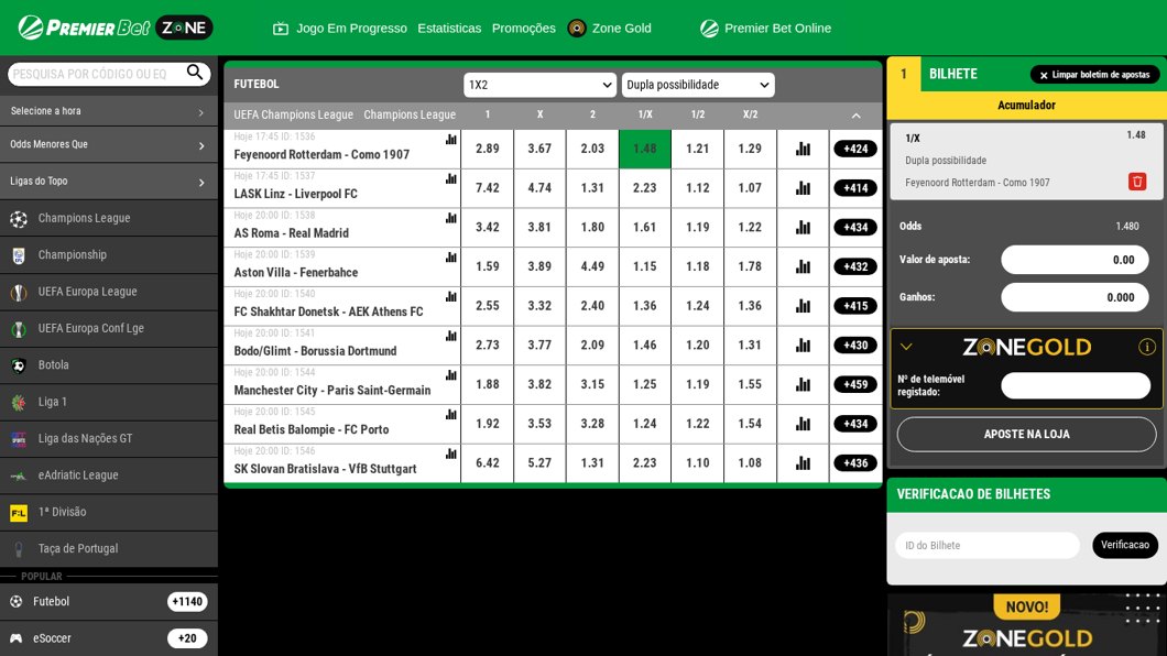 Boletim da Premier Bet Zone com o botão Aposte na Loja