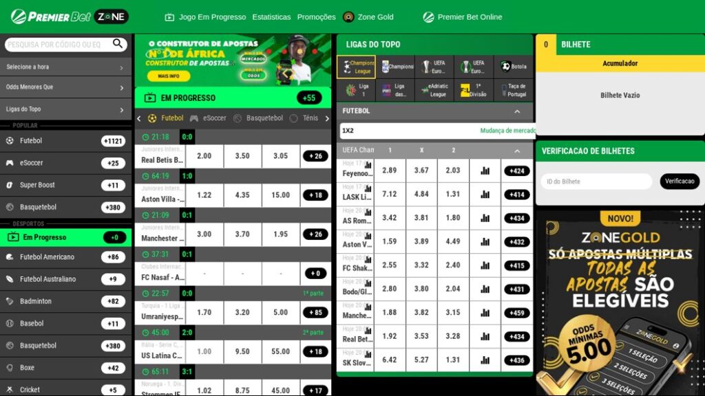 Página inicial da Premier Bet Zone com verificação de bilhetes