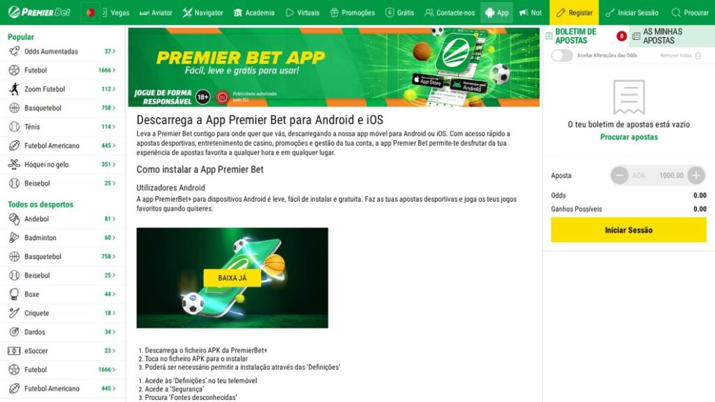 Página de download da app Premier Bet para Android e iOS