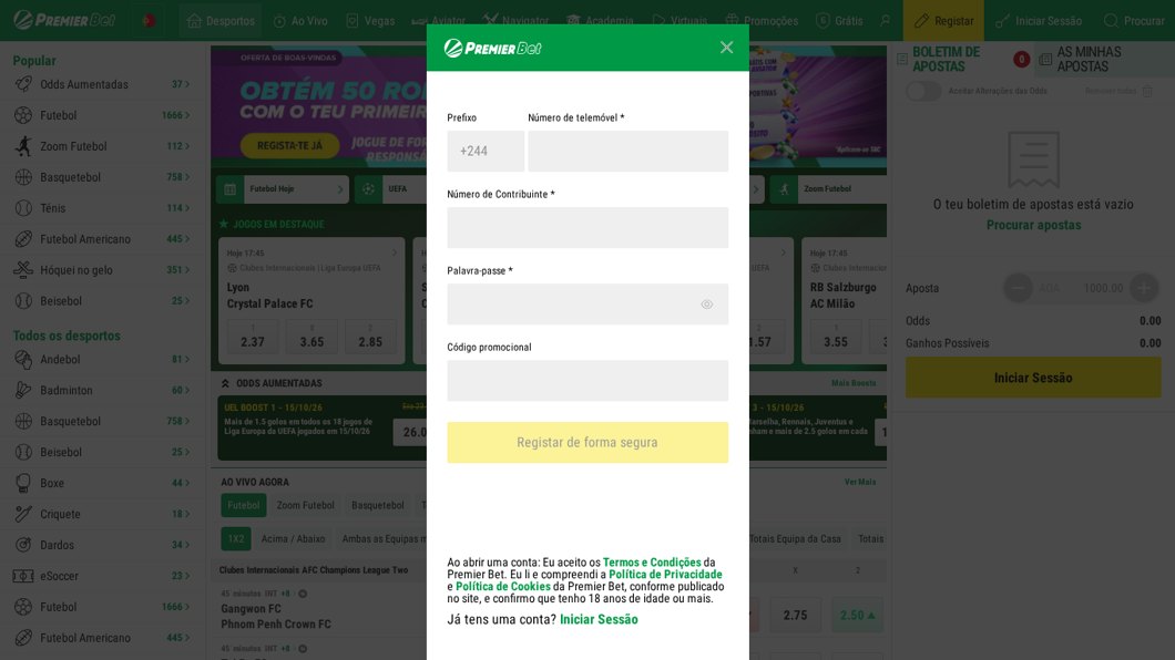Formulário de registo da Premier Bet com telemóvel, NIF e palavra-passe