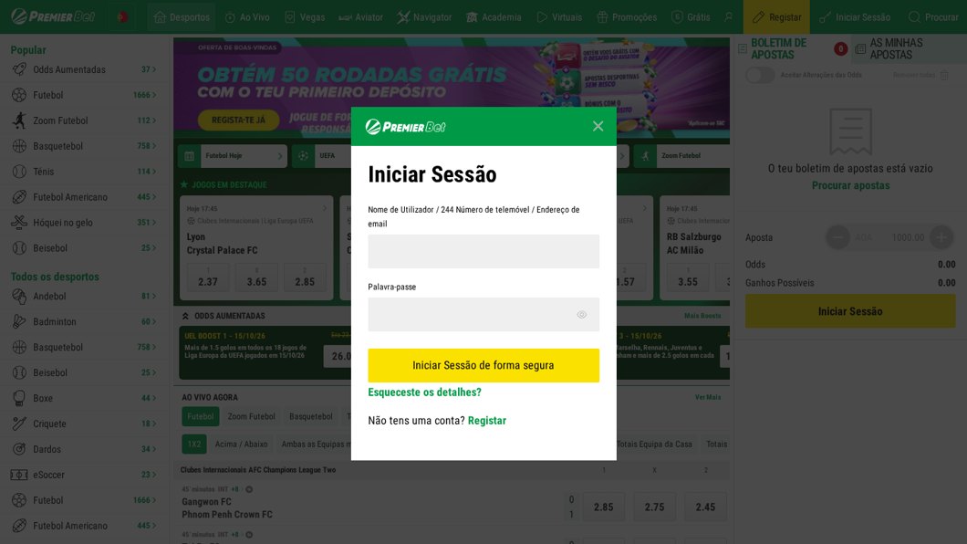 Janela de iniciar sessão na Premier Bet