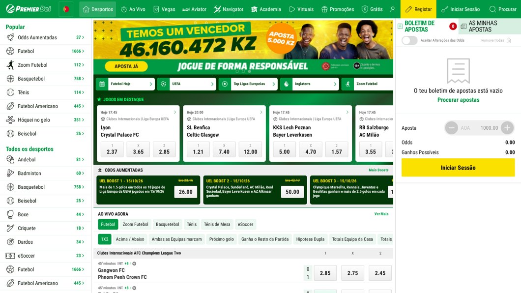Página inicial da Premier Bet Angola