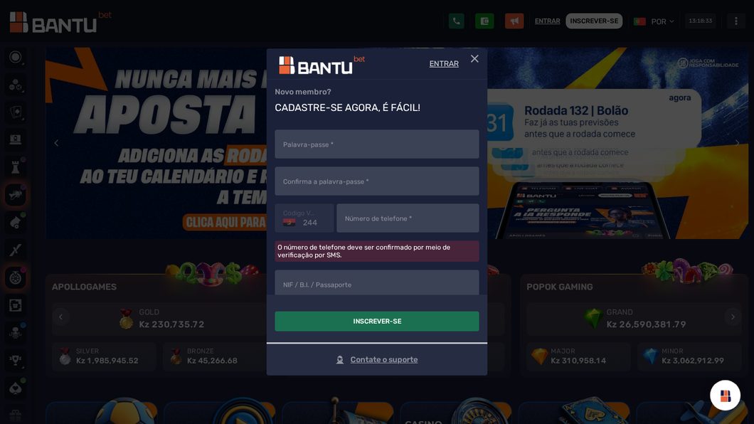 Campo de código promocional no registo da Bantubet