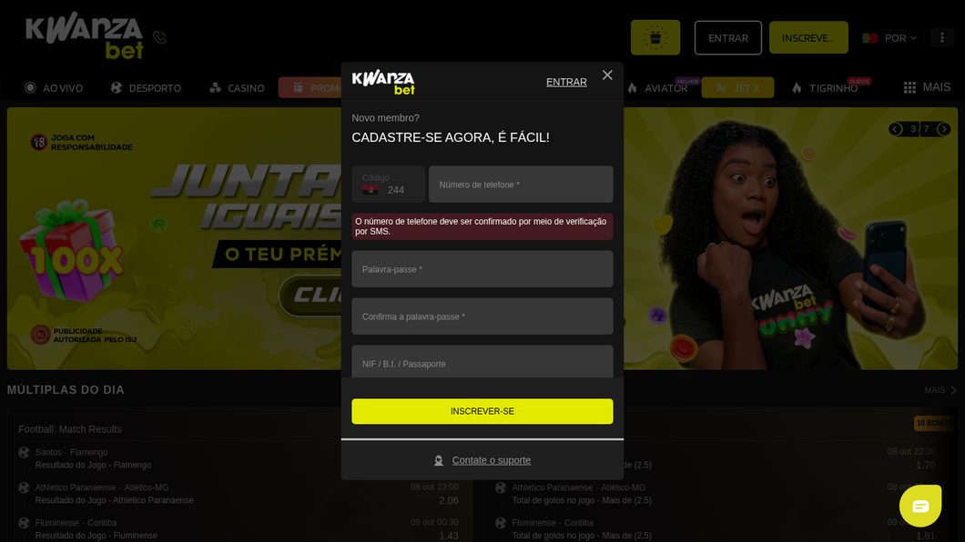 Campo de código promocional no registo da Kwanzabet
