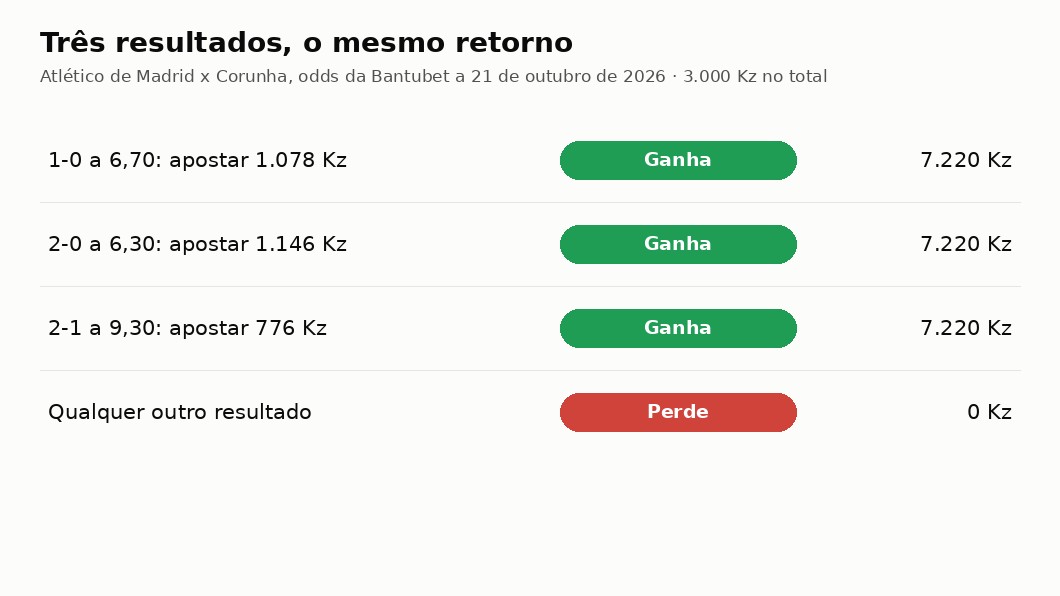 Esquema de uma aposta em três resultados exatos com o mesmo retorno