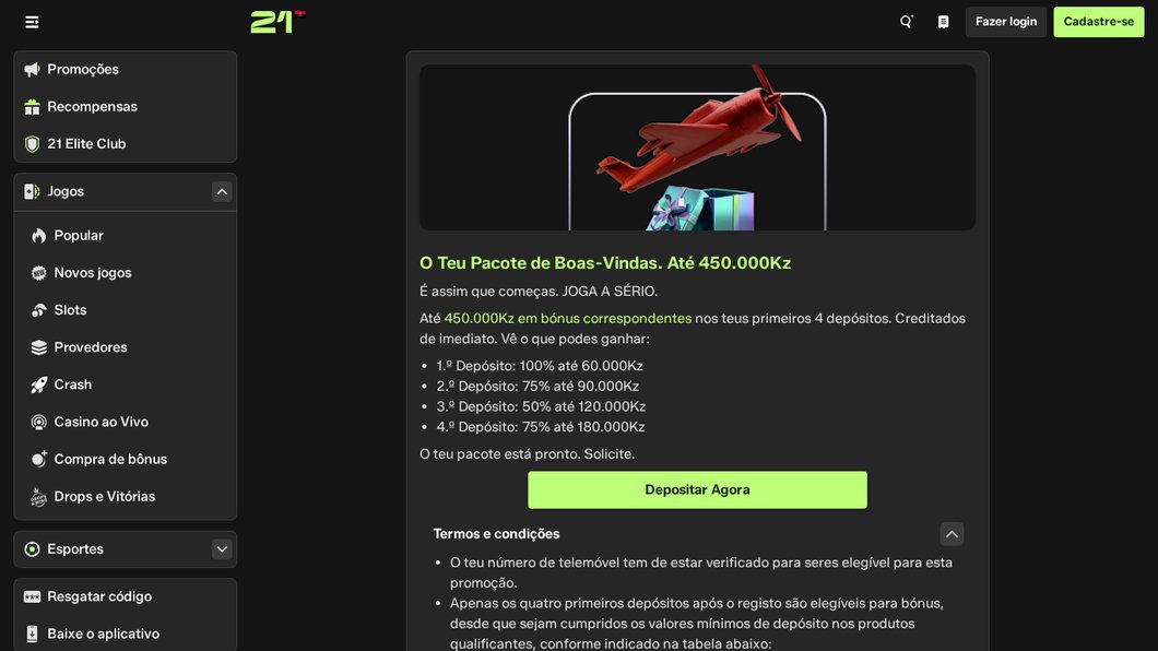 Pacote de boas-vindas da 21 Bet até 450.000 Kz nos 4 primeiros depósitos