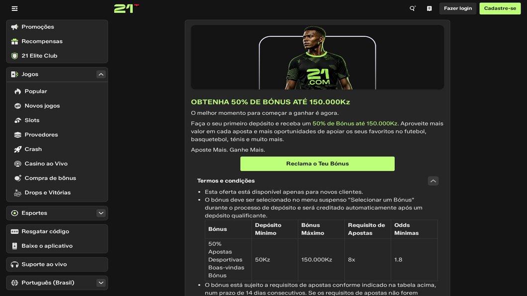 Bónus de desporto de 50% até 150.000 Kz da 21 Bet, com os termos