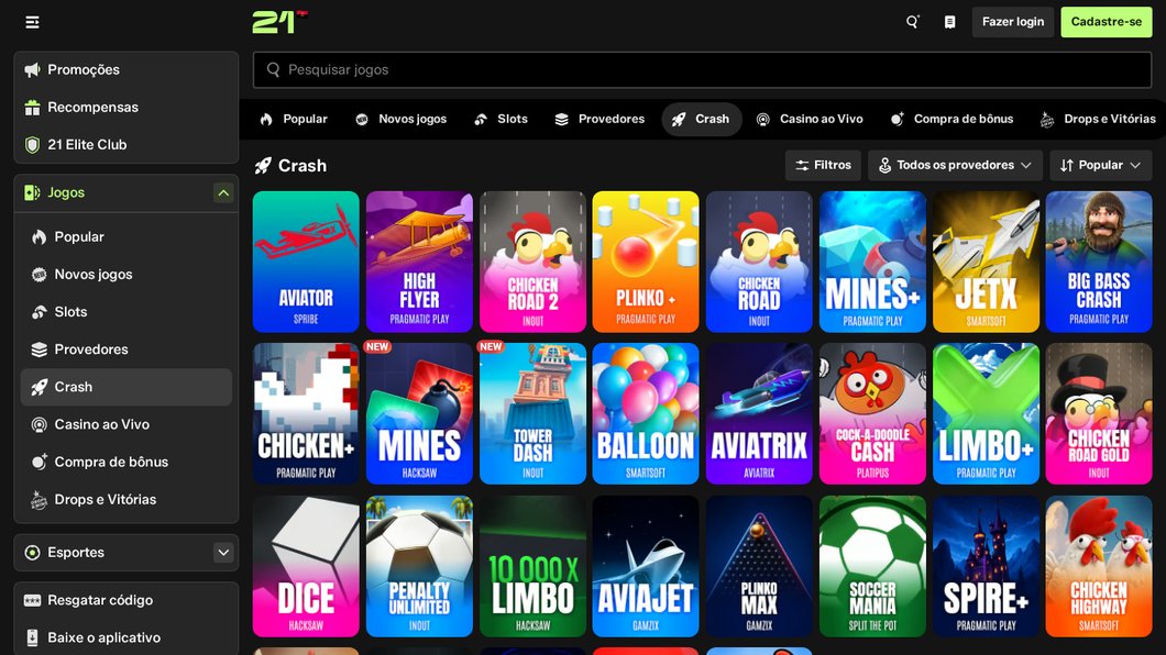 Jogos crash da 21 Bet, com o Aviator e o JetX