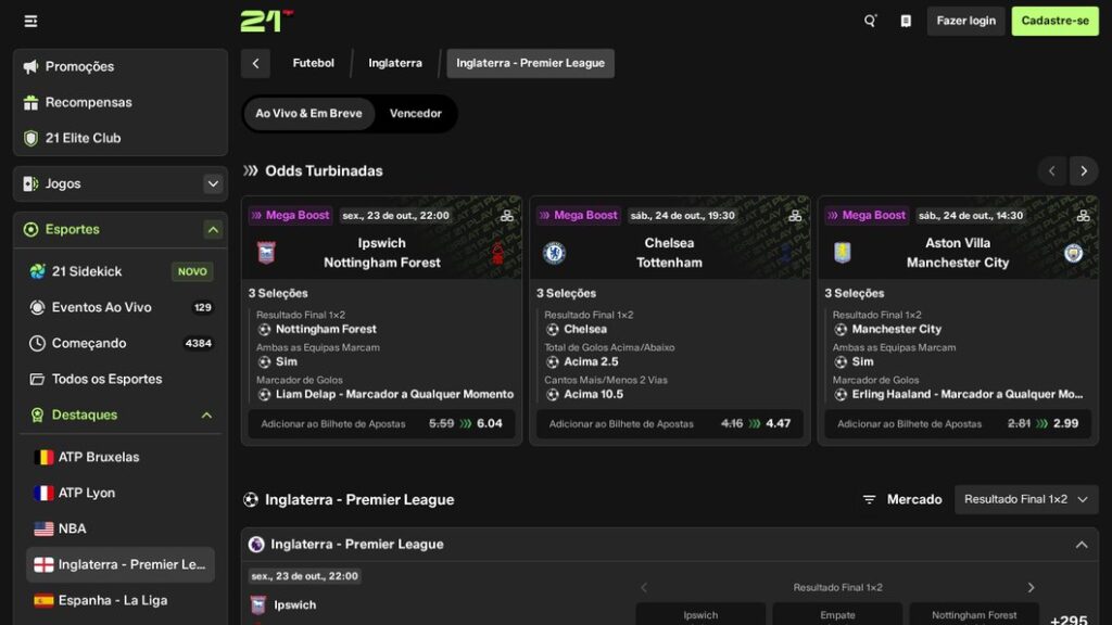 Odds turbinadas da Premier League na 21 Bet