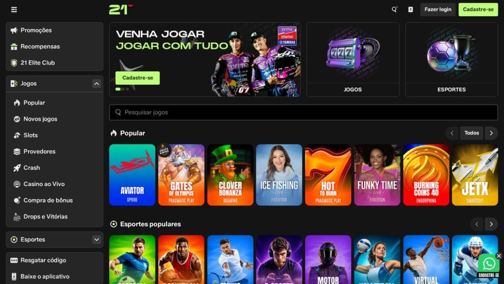Página inicial da 21 Bet Angola