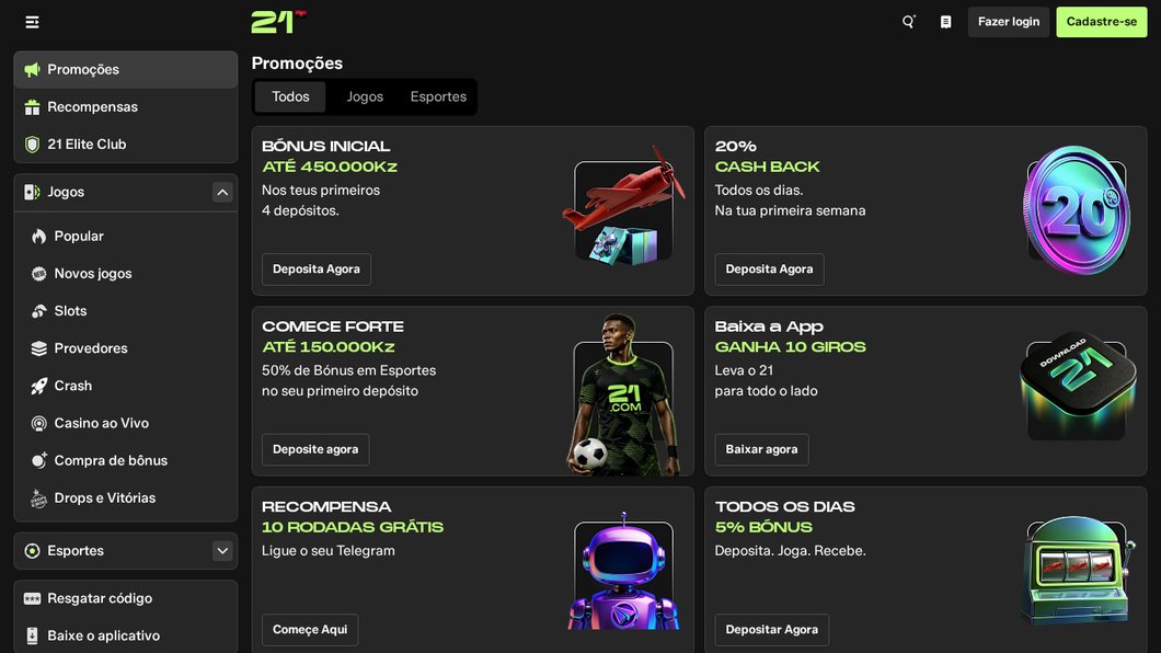 Página de promoções da 21 Bet