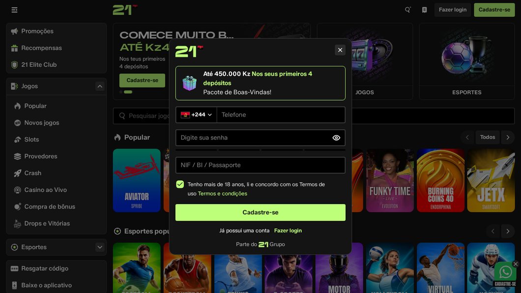 Formulário de registo da 21 Bet com o pacote de boas-vindas
