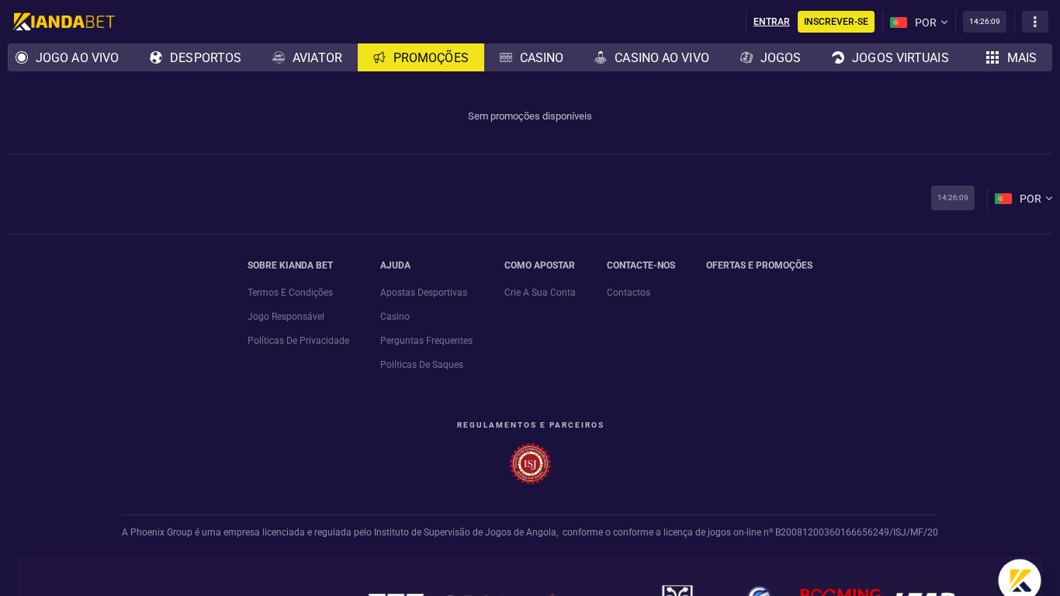 Página de promoções da Kianda Bet sem promoções disponíveis