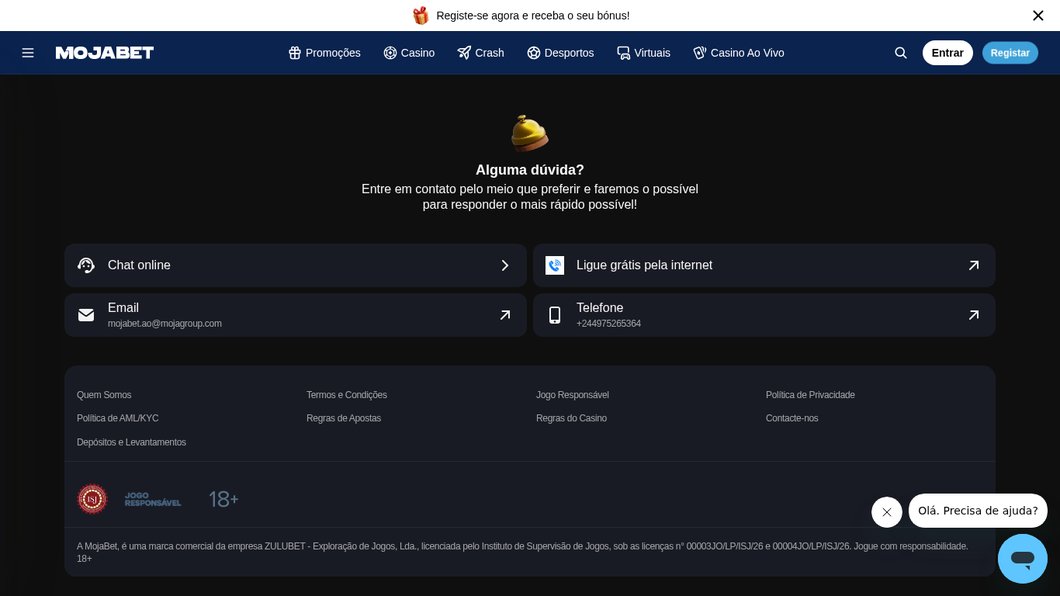 Contactos do apoio ao cliente da MojaBet