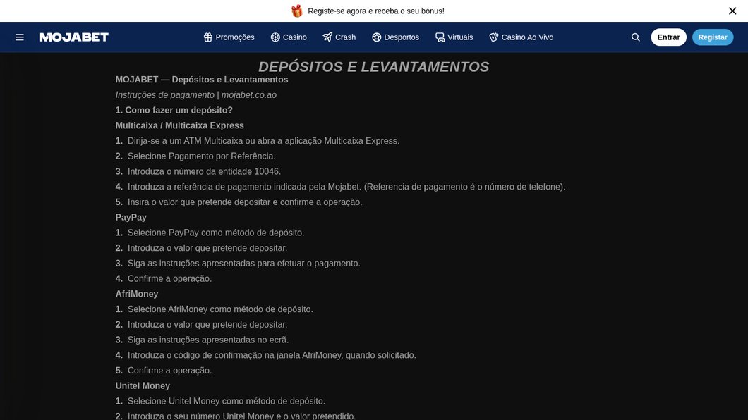 Instruções de depósito e levantamento da MojaBet