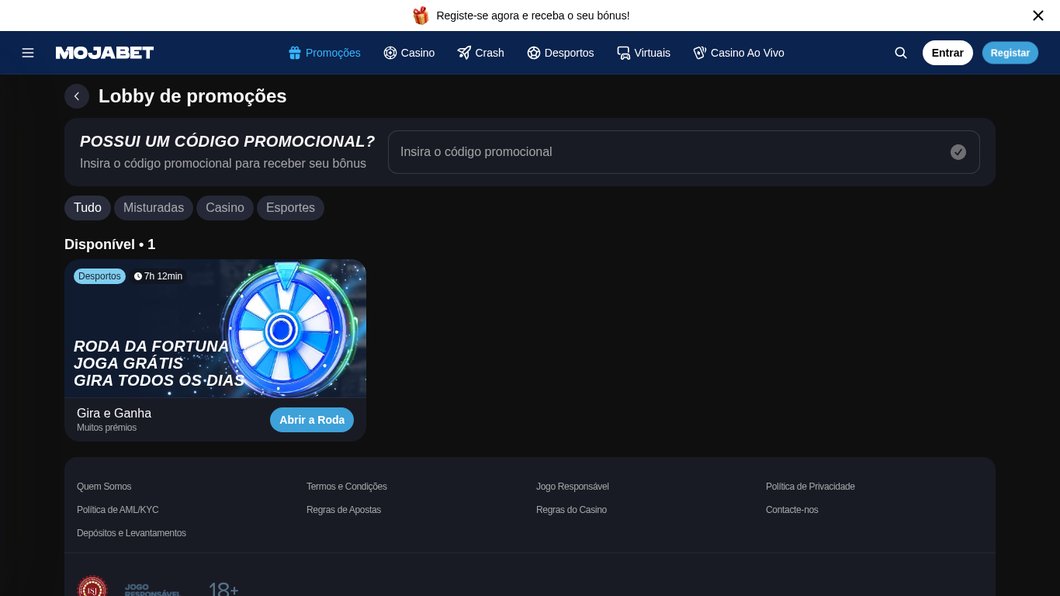 Página de promoções da MojaBet com a Roda da Fortuna