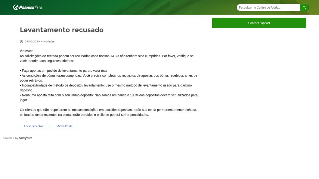 Motivos de levantamento recusado na Premier Bet