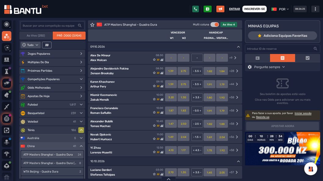 ATP Xangai na Bantubet com handicap e total de games