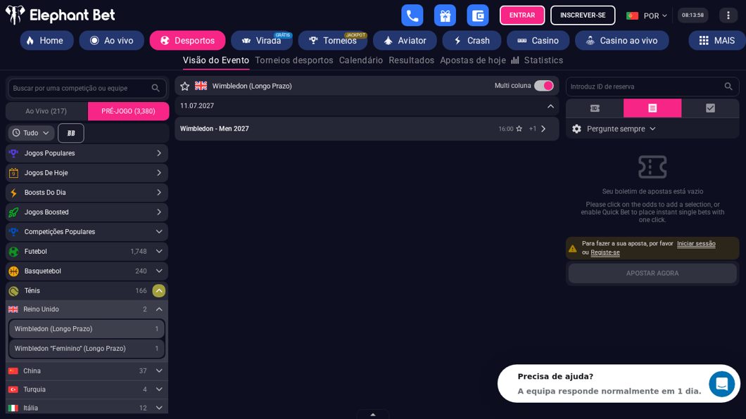 Ténis na Elephant Bet, com 166 eventos