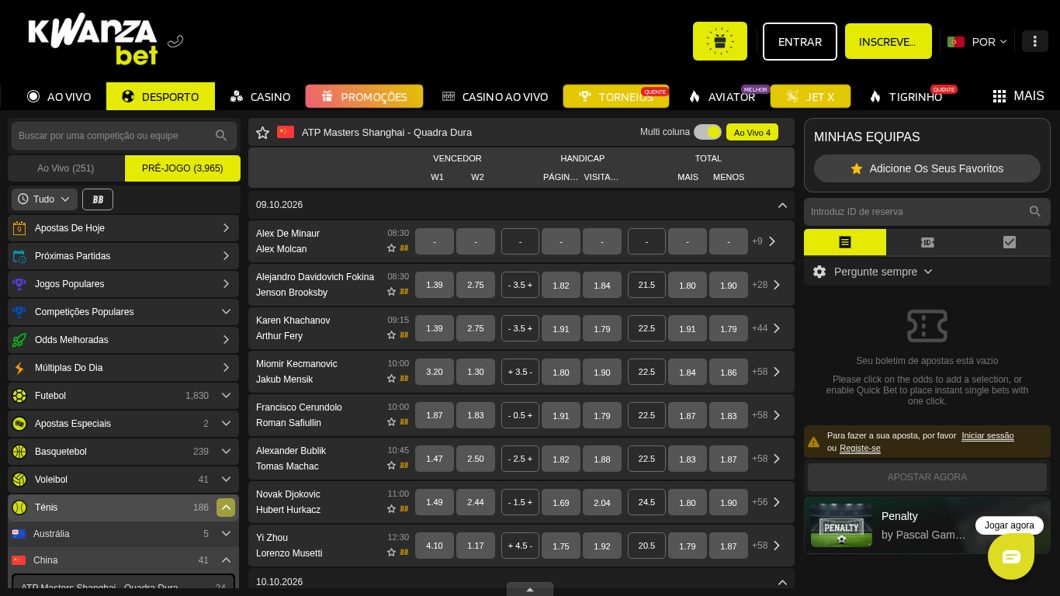 ATP Xangai na Kwanzabet com handicap e total de games