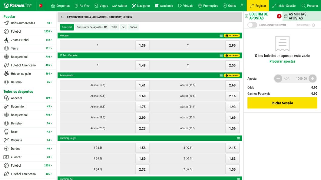 Mercados de um jogo de ténis na Premier Bet: total de games e handicap