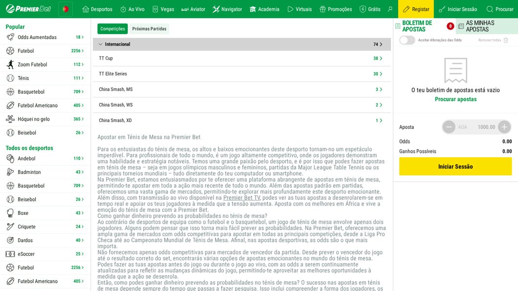 Competições de ténis de mesa na Premier Bet