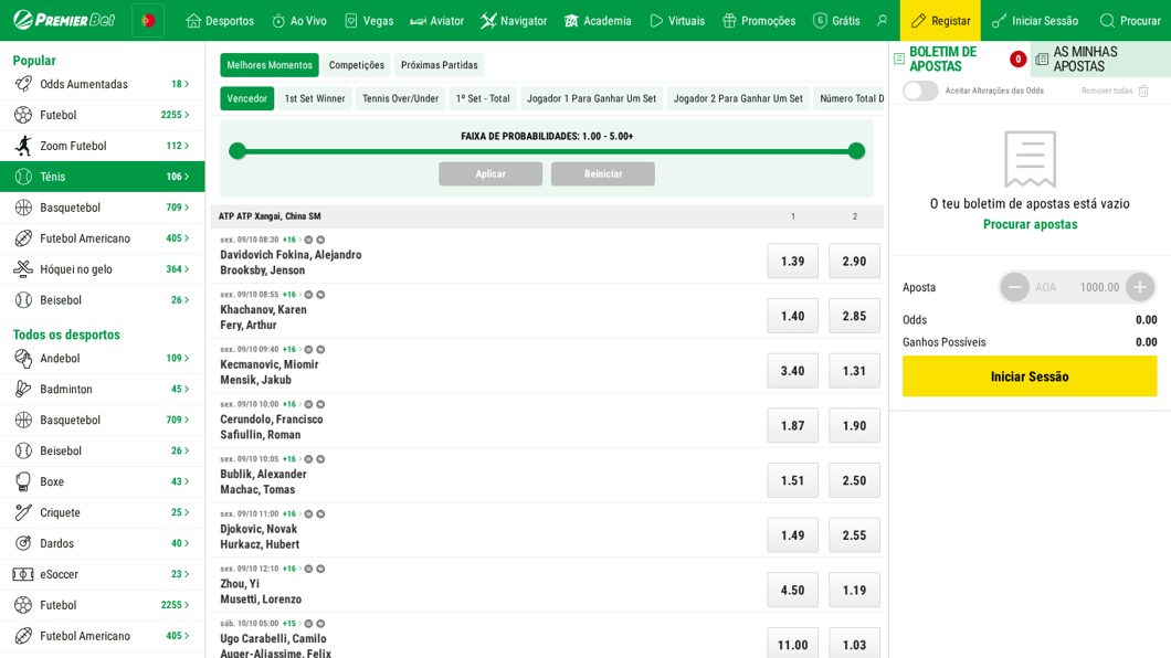 Apostas em ténis na Premier Bet: ATP Xangai